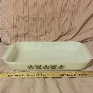 Fire King White Baking Dish with Green Floral Design